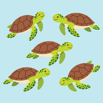 Seamless pattern of cute sea turtles in cartoon style isolated on a light blue background