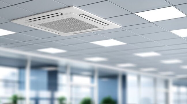 Modern ceiling mounted cassette air conditioner in office space