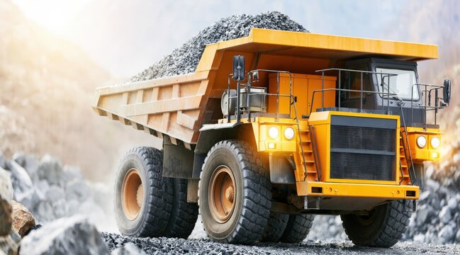 Heavy duty yellow mining dump truck carrying load of rocks in quarry
