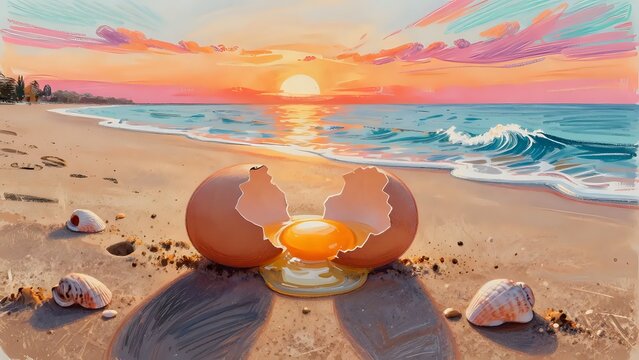 Cracked egg with yolk on sandy beach at sunset by the ocean