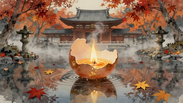 Candle flame burning inside a cracked egg shell floating on water in a Japanese temple garden