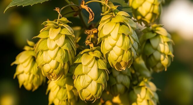 Golden Green Hop Cones Hanging on Vine in Warm Sunlit Garden