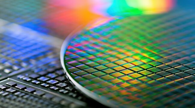 close up of silicon wafer with iridescent light reflections