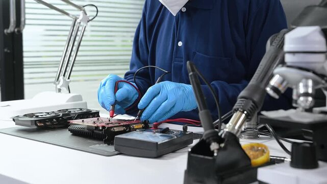 Technician repairing and upgrading computer hardware, testing motherboard circuits with tools
