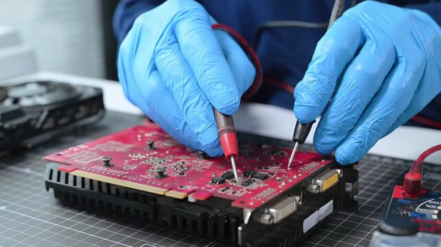 Technician repairing and upgrading computer hardware, testing motherboard circuits with tools