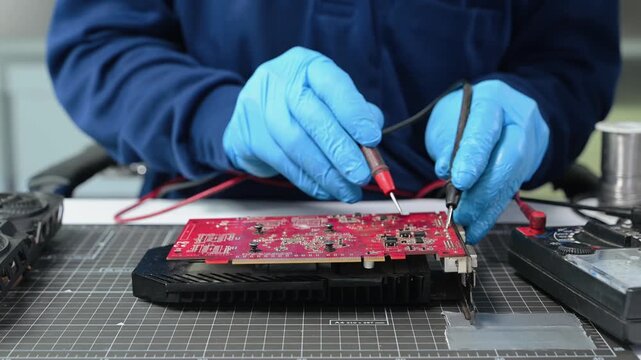 Technician repairing and upgrading computer hardware, testing motherboard circuits with tools