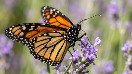 Fototapeta premium Monarch butterfly on purple lavender flowers in a garden