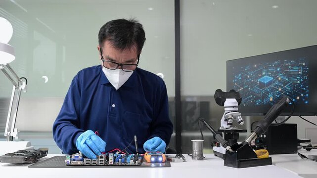 Senior technician soldering a circuit board on workbench. Blue gloves, precision tools, and electronics gear highlight