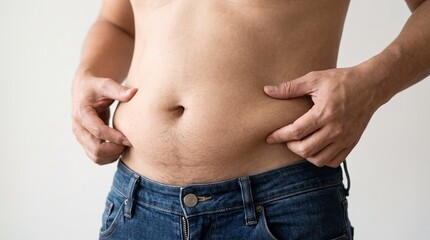 Naklejka premium A shirtless man standing while pinching the excess fat around his midsection to show weight gain and body image concerns in a clear studio shot with soft natural bright lighting.