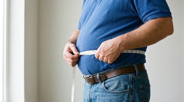 A middle aged man wearing a blue polo shirt and blue jeans uses a white measuring tape to check his waist circumference while standing in bright natural indoor lighting conditions.