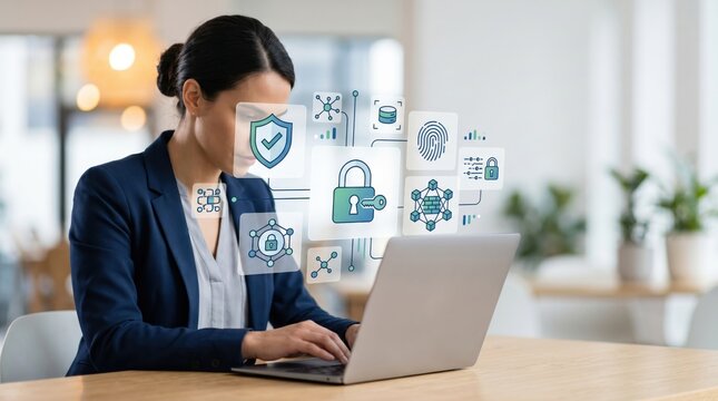 Professional woman working on laptop surrounded by cybersecurity icons, data protection shield, encryption lock, biometric fingerprint scan, network security concept, digital pr...
