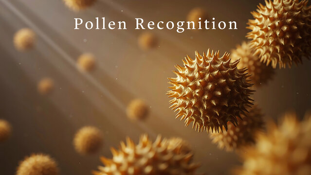 Pollen grains with spiky surfaces floating in air with light shining through transparent background