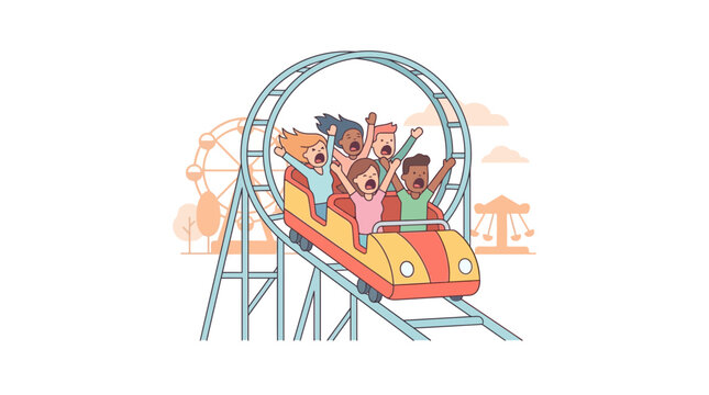 Excited kids enjoying a thrilling rollercoaster ride at an amusement park with Ferris wheel and carousel.