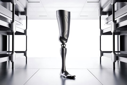 A robotic leg sits on a futuristic floor between shelves.