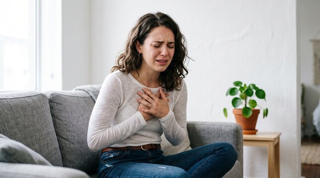 A distraught young woman with wavy brown hair wearing a white long sleeved shirt sits crying while holding her chest in deep emotional pain during a very difficult stressful moment.