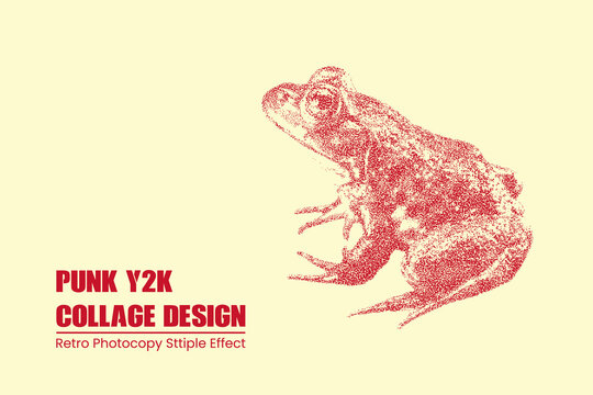 Punk y2k collage design featuring a stippled red frog illustration with a retro photocopy texture on a light cream background