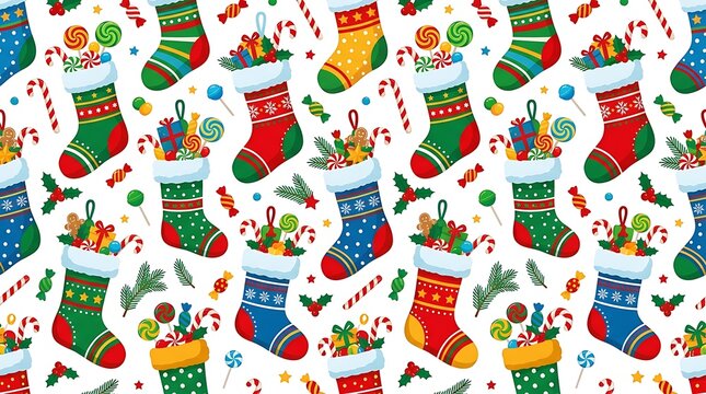 Colorful Christmas Stockings Filled with Candy Arranged in Festive Seamless Pattern