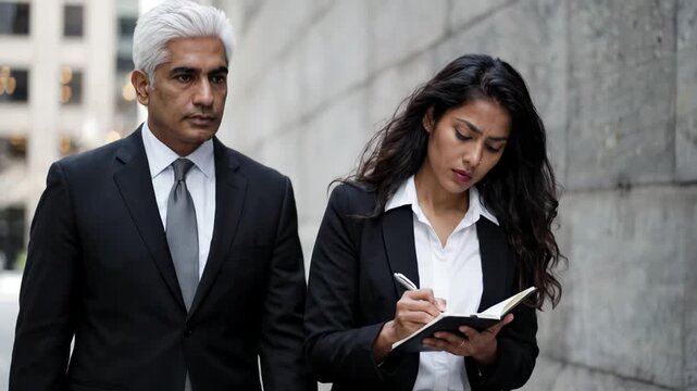 Indian Business Colleagues Walking and Discussing in City Street, Woman Taking Notes in Notebook