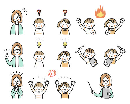 先生とこどもの色々なポーズのセット　学習