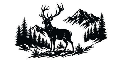 Black silhouette deer with antlers in forest mountain landscape © MDANISUR