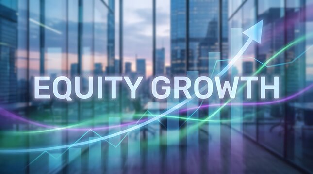 Digital business chart showing equity growth with an upward arrow overlaying a blurred modern corporate office building interior glass wall