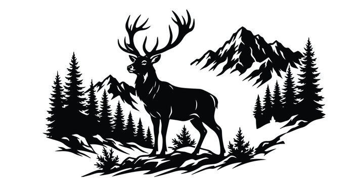 Black silhouette deer with antlers in forest mountain landscape