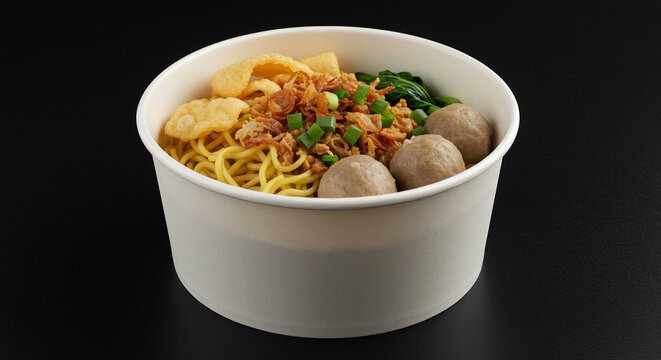 Indonesian Mie Bakso Meatball Noodles in Paper Bowl