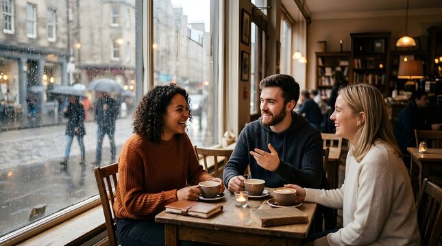Three friends laughing at cafe window on rainy day