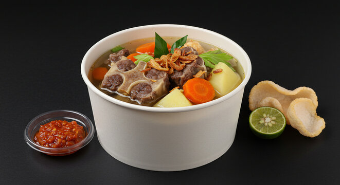 Indonesian Oxtail Soup Sop Buntut in Paper Bowl on Black