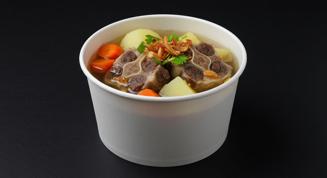 Oxtail Soup in White Takeaway Bowl on Black Background