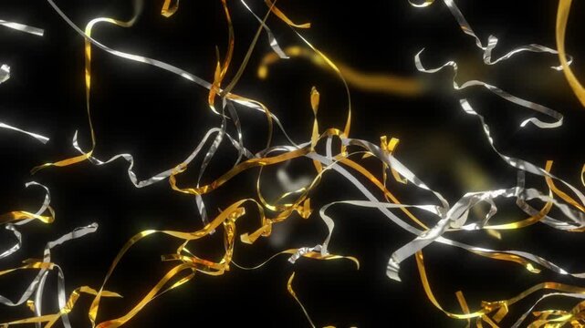 Gold and silver festive ribbons float, twist, and swirl in slow motion as the camera pans around them. A festive abstract animation against a black background.