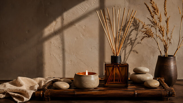 Aromatherapy reed diffuser with candle smooth stones bamboo tray and dried grass creating peaceful zen spa setting in warm sunlight for relaxation therapy