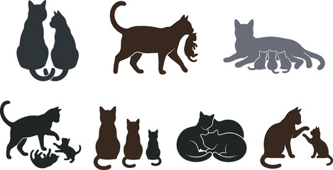 Cat Family Silhouette Collection Featuring Mother Cat with Kittens Loving Poses Walking Nursing and Playing Isolated Vector Illustration Set © MdNazmul