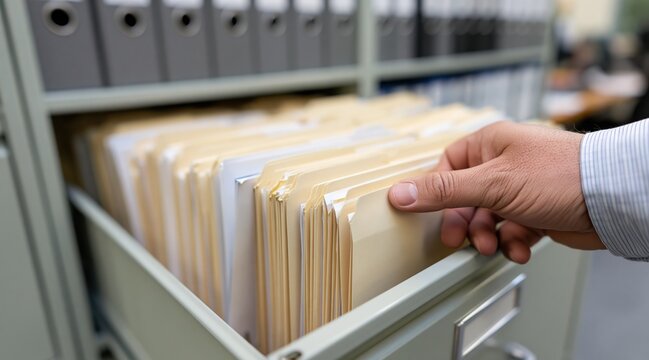 Male hand searching through manila folders in file cabinet drawer