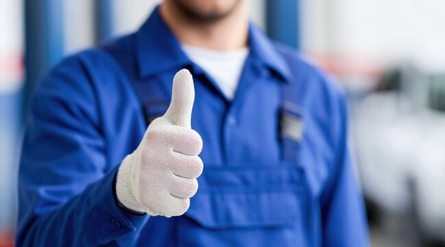 Auto mechanic in blue uniform showing thumbs up sign with gloved hand