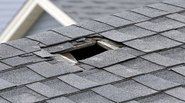 Hole in asphalt shingle roof showing wooden structure