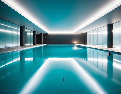 Minimalist abstract architecture and empty space: empty indoor swimming pool with calm glowing water
