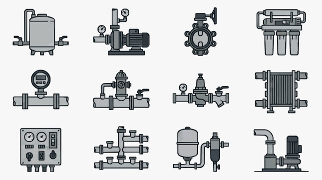 Sleek Monochromatic Line Drawing Set of Industrial Plumbing and HVAC Equipment Icons for Technical Diagrams
