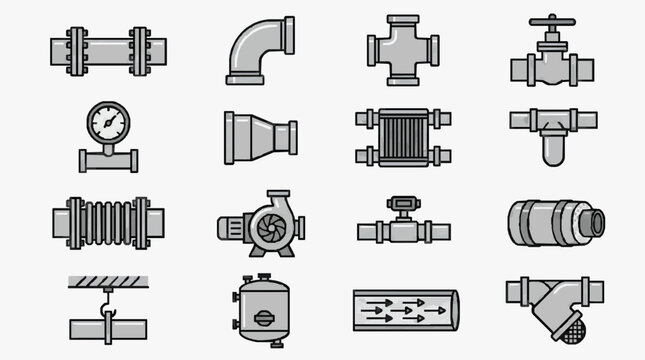 Minimalist Black and White Line Icons Set of Various Plumbing and Fluid Handling Equipment with high quality professional line art symbols for modern creative design and digital branding projects