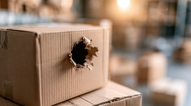 Damaged cardboard shipping box with jagged hole in warehouse
