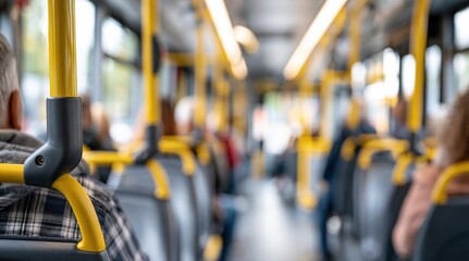 Fototapeta premium Interior of public bus with yellow grab bars and blurred passengers