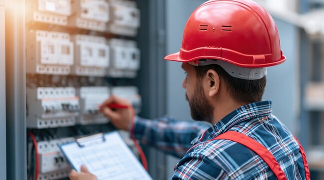 Electrical engineer checking fuse box components with multimeter while holding clipboard