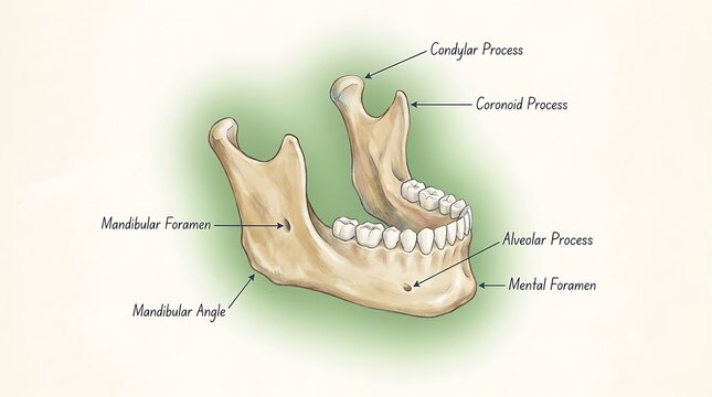 Anatomical diagram of human mandible jaw bone structure with mandible, skeletal