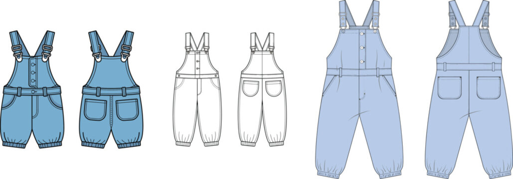 Kids denim overalls and dungarees fashion technical flat sketch template collection with front and back views vector illustration