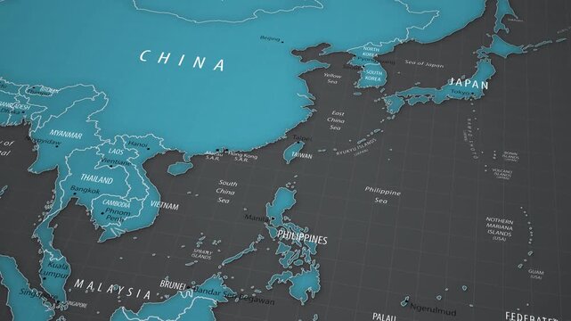 Taiwan on a detailed political map of East Asia and the Asia-Pacific region. Smooth camera movement focuses on the island, its capital Taipei, surrounding seas, coastlines and nearby countries.