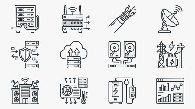 Dynamic Black and White Line Icons Set Featuring Networking Data Storage Security and Infrastructure Technology