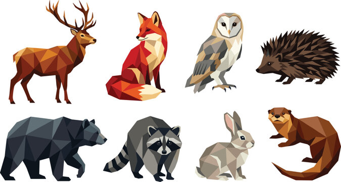 Colorful Low Poly Forest Wildlife Animal Collection Featuring Deer Fox Owl Hedgehog Bear Raccoon Rabbit and Otter Geometric Vector Illustration Set