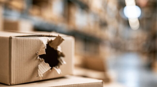 Damaged brown cardboard box with hole in blurry warehouse interior