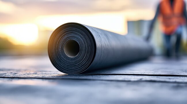 Roll of black bitumen membrane for roofing installation on construction site