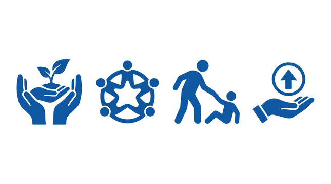Set of blue icons representing growth, community, support, and progress with hands and people figures